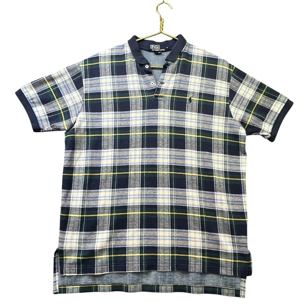 Polo Ralph Lauren Rugby Shirt Mens Large Plaid Tartan Style Made USA Distressed